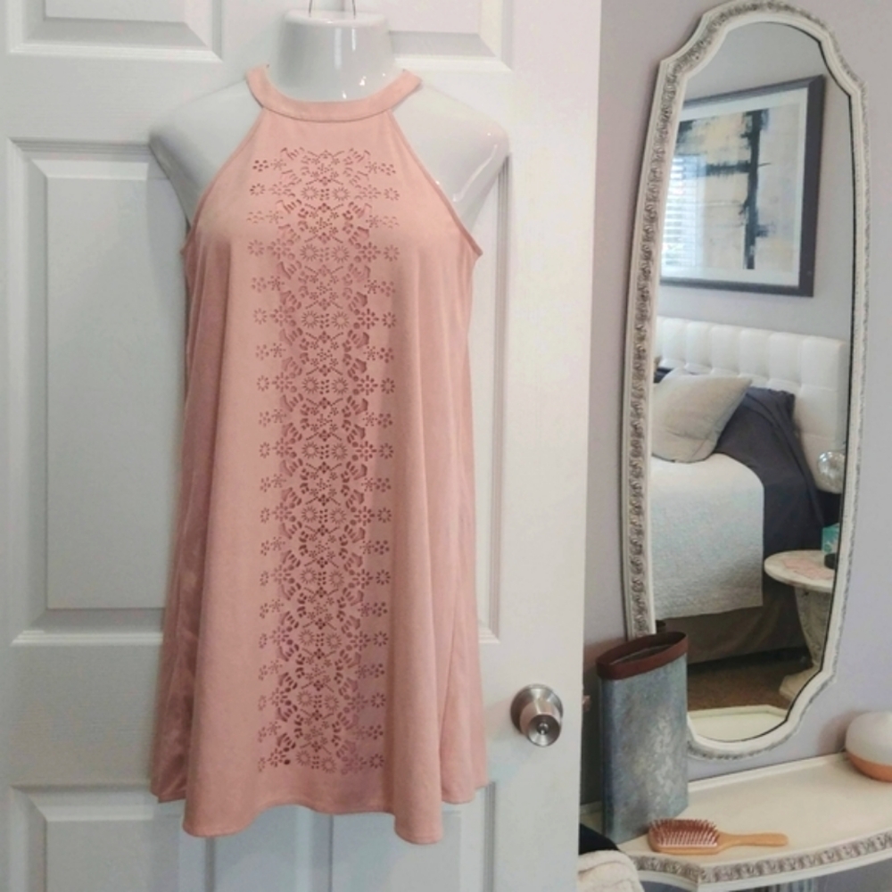 Altar'd State lasercut faux suede pastel pink Springtimee shift dress SZ Medium
